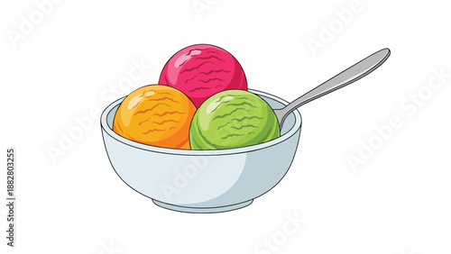 Vibrant scoops of frozen dessert in a classic bowl with a spoon a sweet and refreshing cartoon illustration perfect for summer happiness and