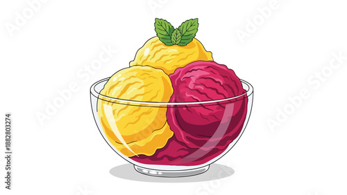 Vibrant multi-scoop fruit dessert illustration featuring refreshing yellow and red sorbet with fresh mint leaves in a clear glass bowl on a simple
