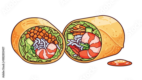 Delicious vibrant spring rolls filled with shrimp crisp vegetables and rice noodles served with dipping sauce