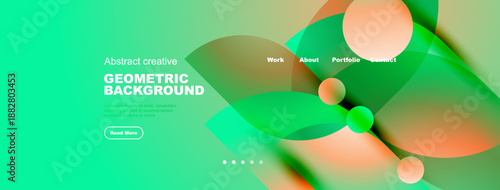 Abstract vibrant design features flowing shapes, gradients. Text includes geometric background, navigation options, button. Modern aesthetic.