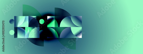 Abstract geometric shapes, teal hues, gradient background. Modern design, overlapping forms create dynamic visual impact.