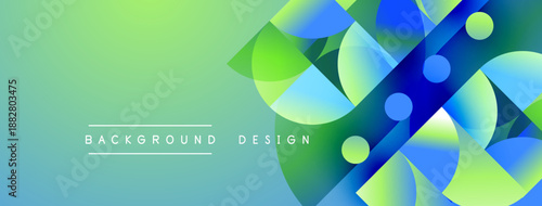 Abstract geometric shapes overlap, creating vibrant gradient effect. Green, blue hues dominate design. Text reads background design.