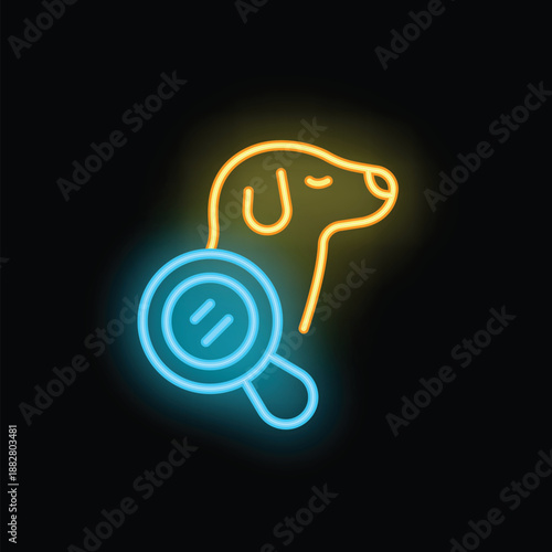 Neon icon of a dog getting groomed, with a magnifying glass inspecting its fur