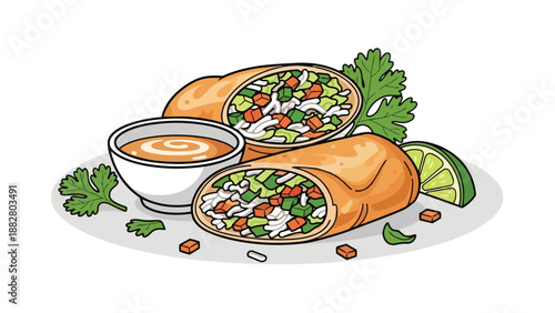 Golden spring rolls with fresh vegetables, dipping sauce, lime, and cilantro illustration.