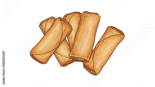 A vibrant digital illustration of golden-brown spring rolls, a delectable snack ready for enjoyment