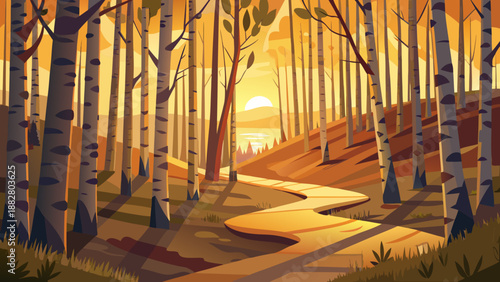 Serene forest path at sunset Vector