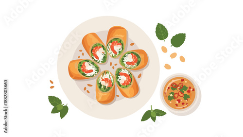 Fresh vibrant spring rolls with shrimp and crisp vegetables artistically arranged on a plate accompanied by a rich savory dipping sauce fragrant