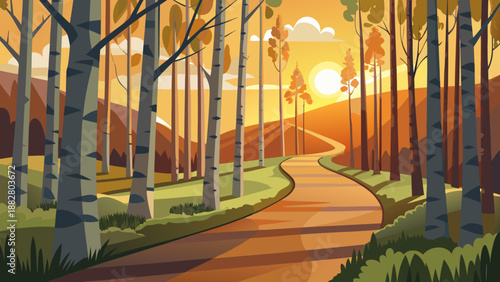 Serene forest path at sunset Vector