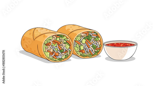 Crisp vegetable spring rolls with vibrant filling and tangy dipping sauce illustration