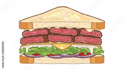 Vibrant illustration of a hearty stacked sandwich, featuring savory meat, cheese, fresh vegetables on toasted bread