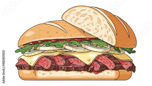 Deliciously layered gourmet submarine sandwich featuring savory steak melted cheese crisp onions and fresh arugula an inviting and hearty meal for