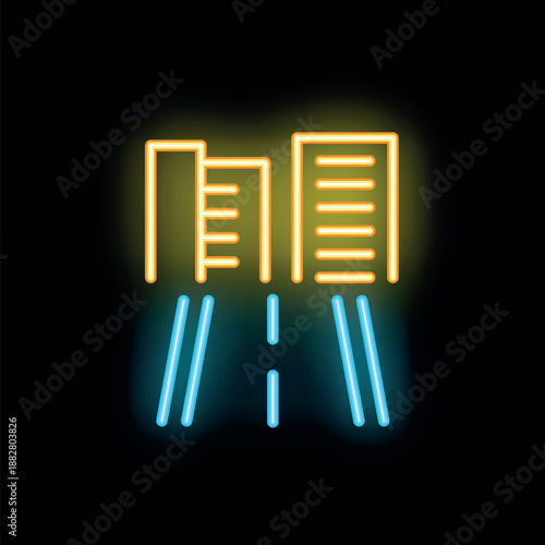 Neon sign illuminating city buildings and road at night, conveying urban vibes