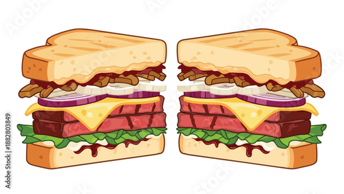 A vibrant illustration depicting two robust, gourmet sandwiches brimming with grilled meats, melted cheese, crisp vegetables, and savory sauce. A