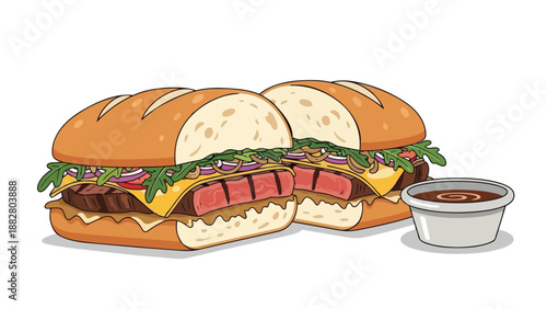 Deliciously rendered illustration of two gourmet steak and cheese hoagies, brimming with fresh arugula and sliced red onions, accompanied by a rich