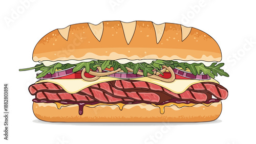 Vibrant illustration of a hearty submarine sandwich featuring savory meats, fresh greens, and delectable cheese, ideal for menus and food-related