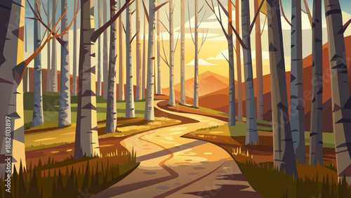 Serene forest path at sunset Vector