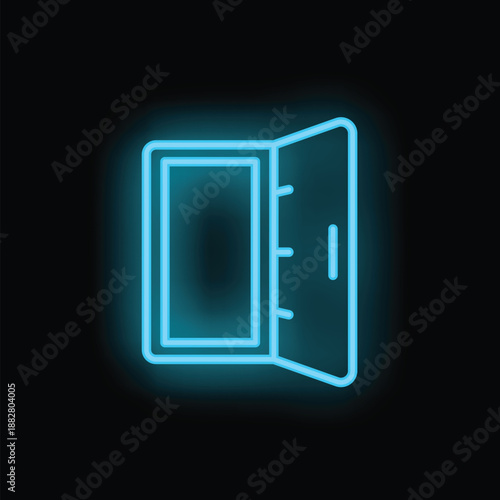 Blue neon icon of an open door is glowing on a black background