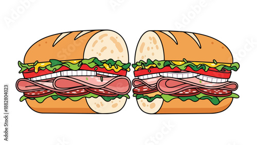 Vibrant cartoon subs illustration two mouthwatering deli sandwiches packed with fresh lettuce ripe tomatoes savory meats and zesty sauces on golden