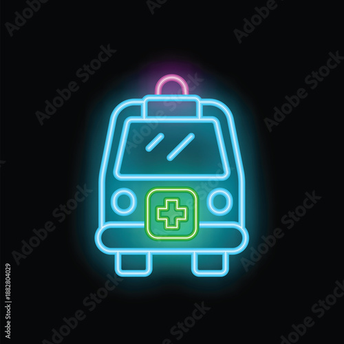 Glowing neon ambulance sign showing emergency medical services with a green cross
