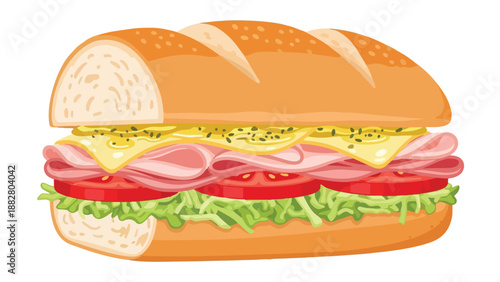 A delightful vector illustration of a generously layered submarine sandwich, showcasing golden bread, savory ham, melting cheese, red tomato slices,