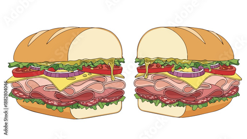 A vibrant illustration of two deliciously loaded submarine sandwiches bursting with fresh ingredients meats cheeses vegetables and zesty dressing