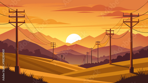 Sunset over rolling hills with power lines Vector