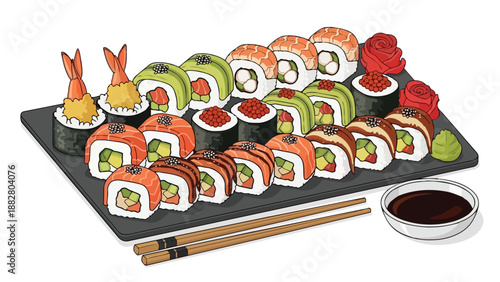 Colorful illustration of a sushi platter featuring assorted maki rolls, shrimp nigiri, and fresh ingredients, served with chopsticks and soy sauce,