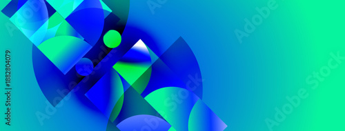 Abstract geometric shapes blend vibrant blues, greens. Gradient background creates dynamic visual effect. Modern design elements present.