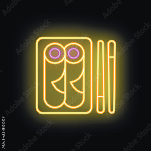 Glowing neon line icon of sushi rolls on a tray served with chopsticks, a symbol of japanese cuisine
