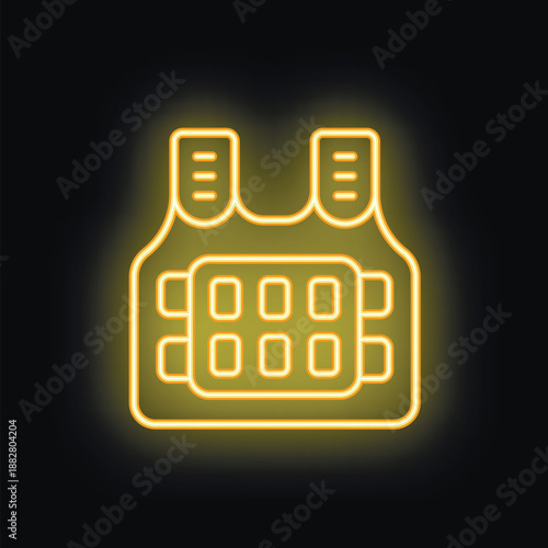 Yellow neon icon of a bulletproof vest glowing on black background, representing safety and protection