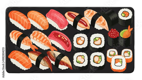 A vibrant culinary display featuring a diverse assortment of fresh Japanese sushi and maki varieties, including delicate nigiri and flavorful rolls