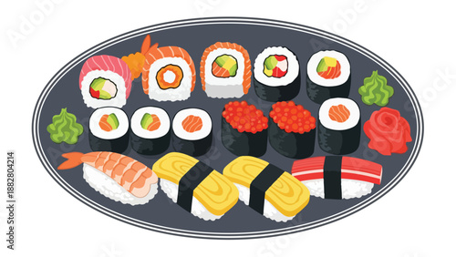An exquisite illustrated assortment of sushi featuring vibrant maki rolls, diverse nigiri, and rich accompaniments arranged aesthetically on a