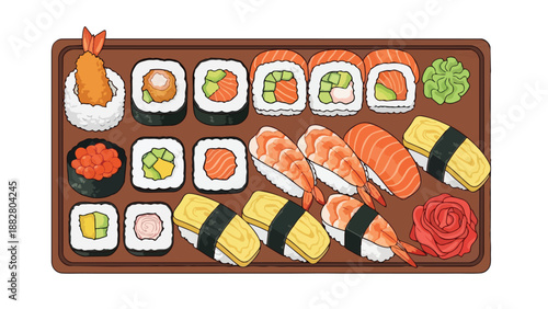 An appealing illustration of various sushi types including nigiri and maki rolls, neatly displayed on a brown serving board with wasabi and ginger