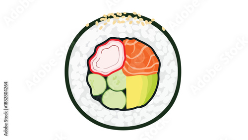 Vibrant sushi maki roll illustration with salmon, avocado, cucumber, and crab stick, fresh Japanese food