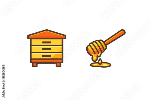 Beehive and honey dipper with dripping honey