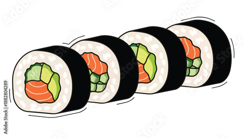 Artfully arranged cartoon sushi rolls featuring fresh salmon and crisp vegetables a delightful culinary illustration
