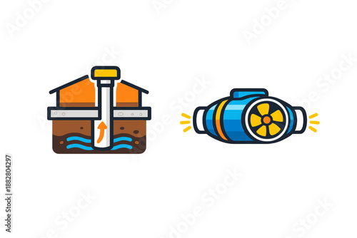 Subsurface heat pump and fan icon set