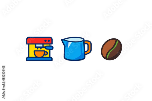 Coffee machine, milk pitcher, and coffee bean icons