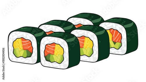 A vibrant illustration of a delightful assortment of sushi maki rolls featuring fresh salmon avocado and golden egg nestled in white rice and dark