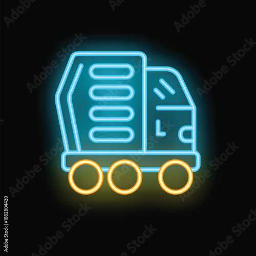 Glowing neon icon of a garbage truck driving and collecting waste in a modern city