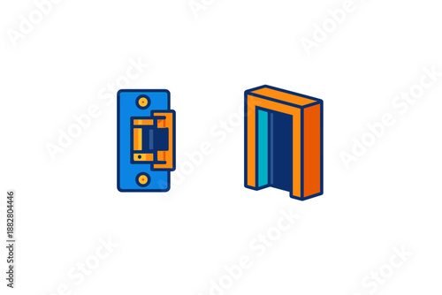 Isolated isometric icons of a circuit breaker and an elevator