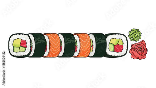 A vibrant illustration of various fresh sushi rolls with wasabi and pickled ginger