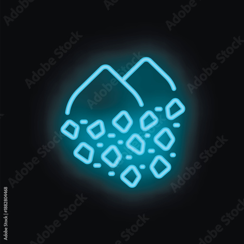 Blue neon sign depicting rocks falling from a mountain on a black background