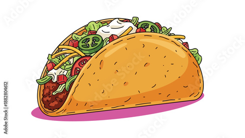 Delightful animated crispy taco illustration bursting with savory fillings. A colorful and inviting emblem of Mexican-inspired cuisine, perfect for