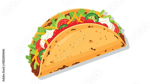 A vibrant cartoon illustration showcasing a delicious hard shell taco generously filled with seasoned meat, fresh vegetables, zesty salsa, and cool