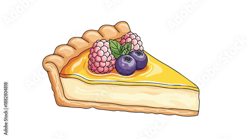 Delicious vector art slice with creamy filling, golden glaze, fresh pink raspberries, plump blueberries, and a green leaf, perfect for sweet