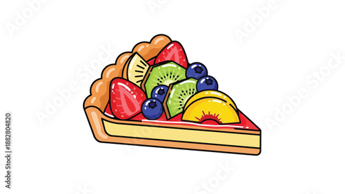Vibrant cartoon slice of fruit tart, artfully arranged with sweet strawberries, plump blueberries, fresh kiwi, and sunny peaches, set upon a golden