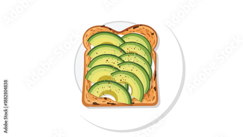 Vibrant avocado toast illustration, fresh green slices on golden bread, creamy spread, pepper sprinkles, white plate, healthy food, modern breakfast
