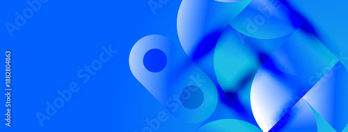 Abstract blue shapes overlap, creating fluid dynamic composition. Brightness varies, suggesting light interaction. Modern design element.
