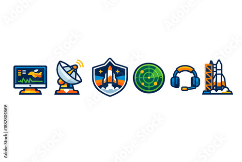 Space exploration and communication icons set